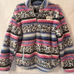 Hurley Cozy Sherpa Fleece Pullover Girls XL 14/16 Leopard Print 1/4 Zip Jacket